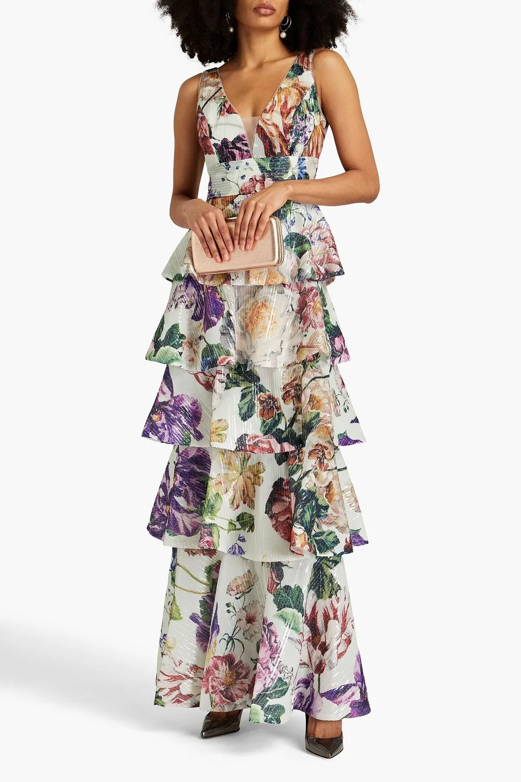 Multi-tiered chiffon dress with floral print and decoration.  MARCHESA NOTTE ivory