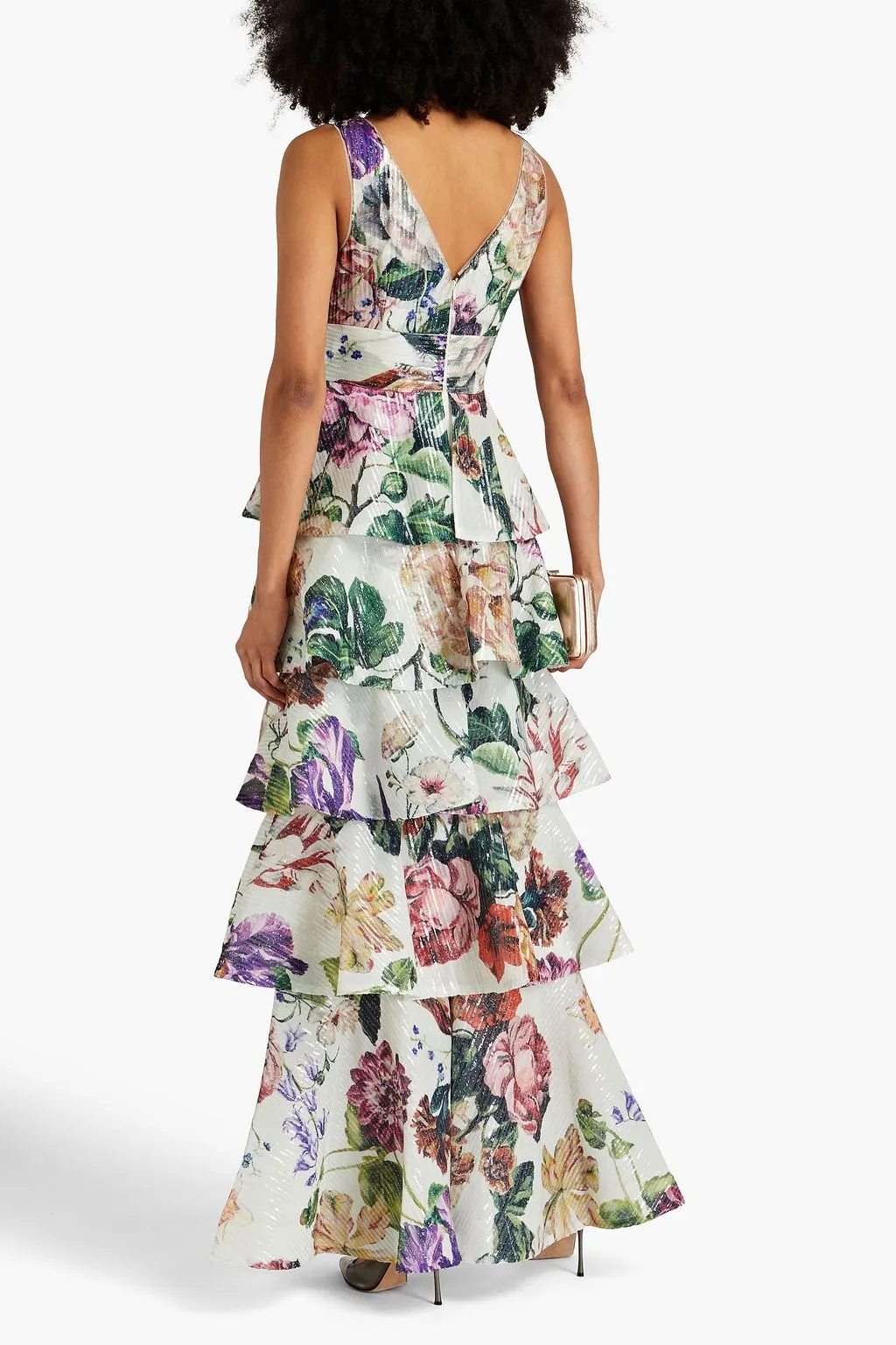 Multi-tiered chiffon dress with floral print and decoration.  MARCHESA NOTTE ivory