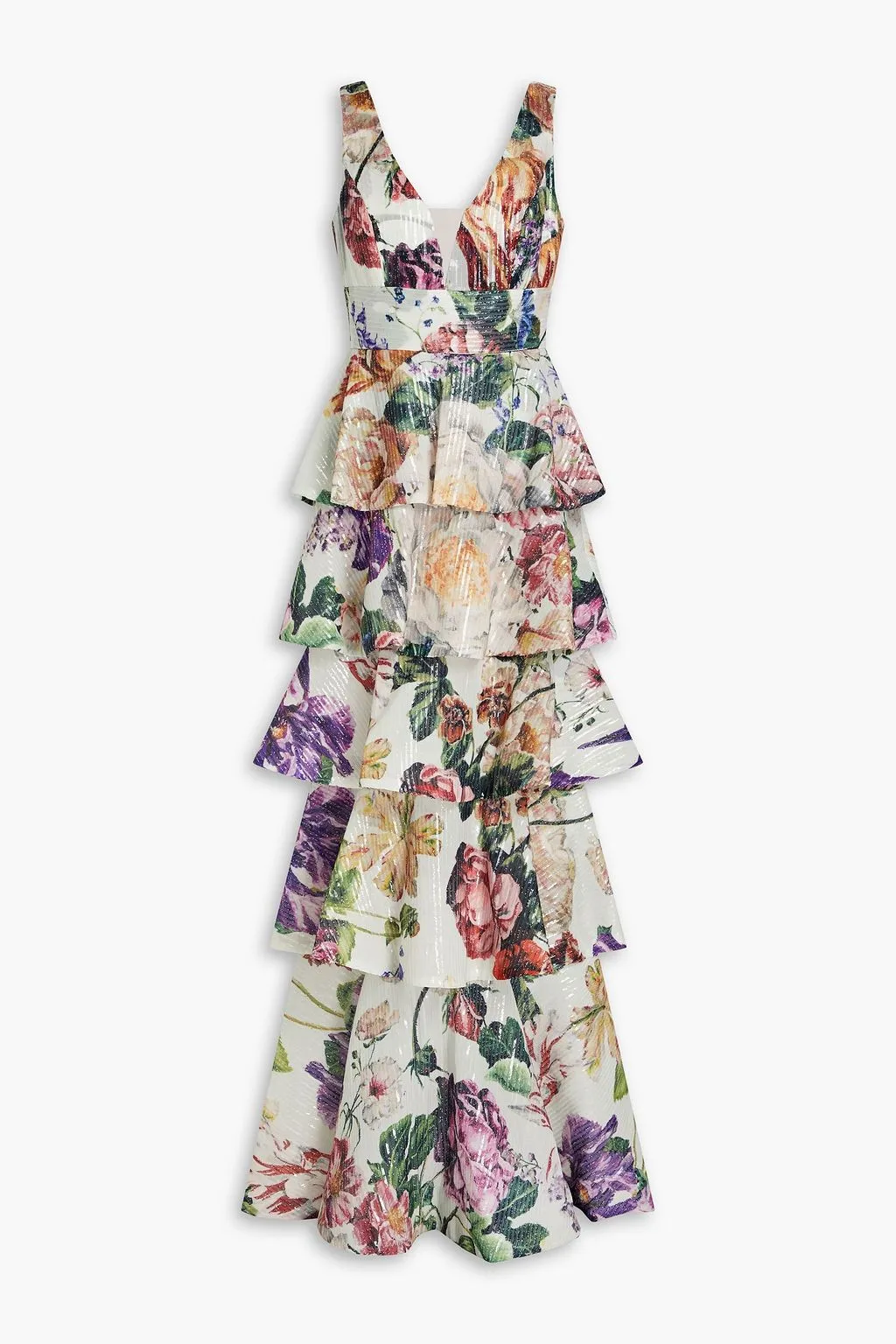 Multi-tiered chiffon dress with floral print and decoration.  MARCHESA NOTTE ivory