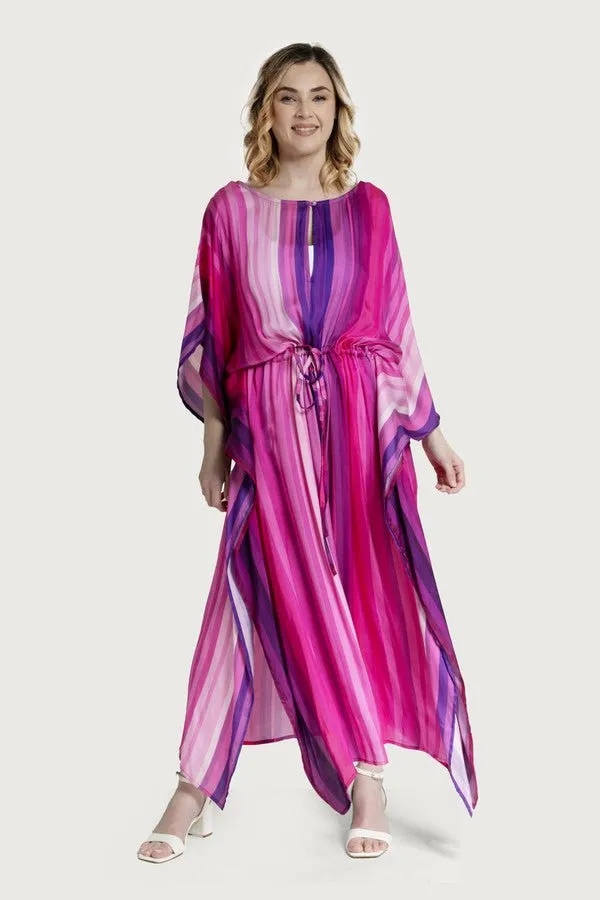 Multicolor Striped Tie Waist Keyhole Kaftan