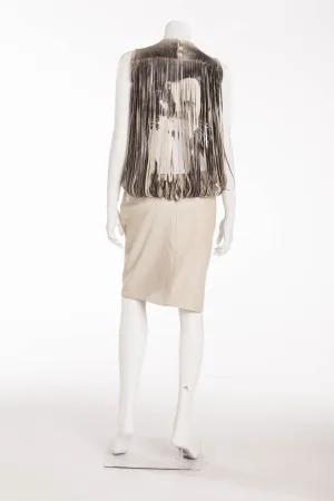 Original Alexander McQueen - Shredded Back Cat Woman Face Gray Beige Leather Dress - IT 42