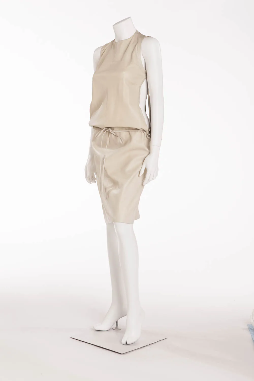 Original Alexander McQueen - Shredded Back Cat Woman Face Gray Beige Leather Dress - IT 42