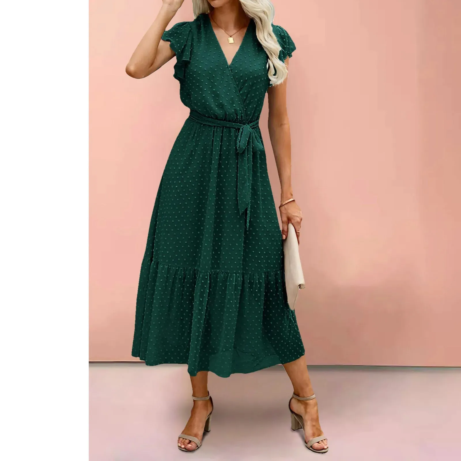 Pure Color Waist Edge V Neck Fresh Sweet Short Sleeve Midi Casual Dress