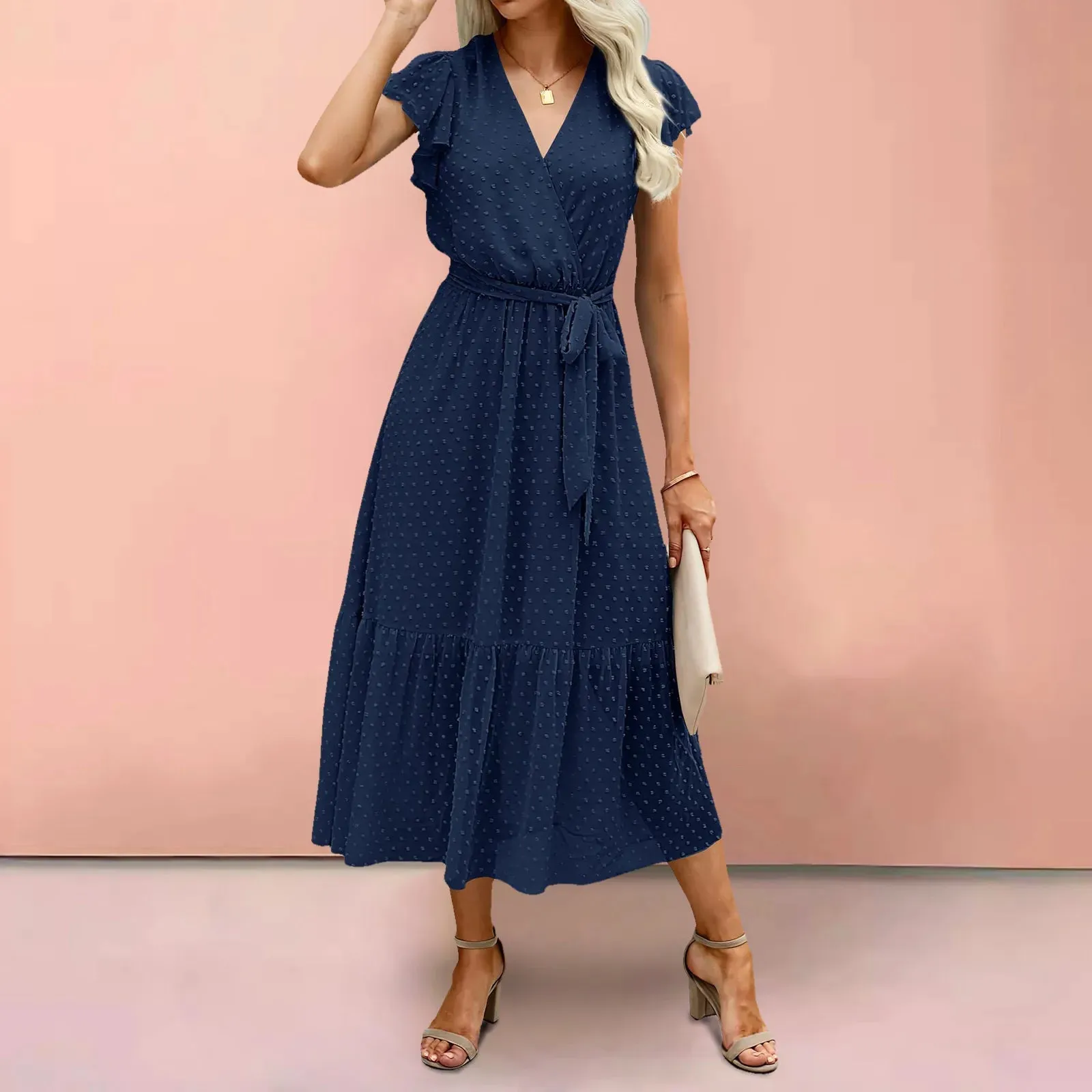 Pure Color Waist Edge V Neck Fresh Sweet Short Sleeve Midi Casual Dress