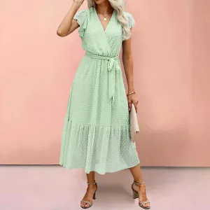 Pure Color Waist Edge V Neck Fresh Sweet Short Sleeve Midi Casual Dress