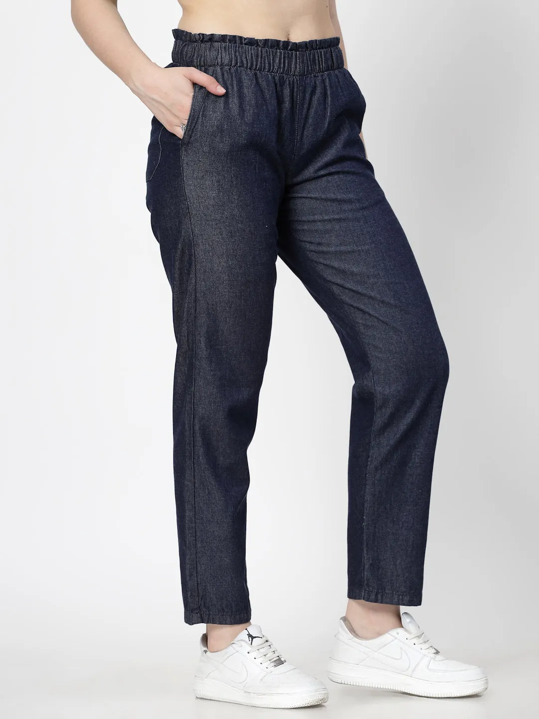 Relaxe Fit Dark Indigo Cotton Denim Jeans For Women