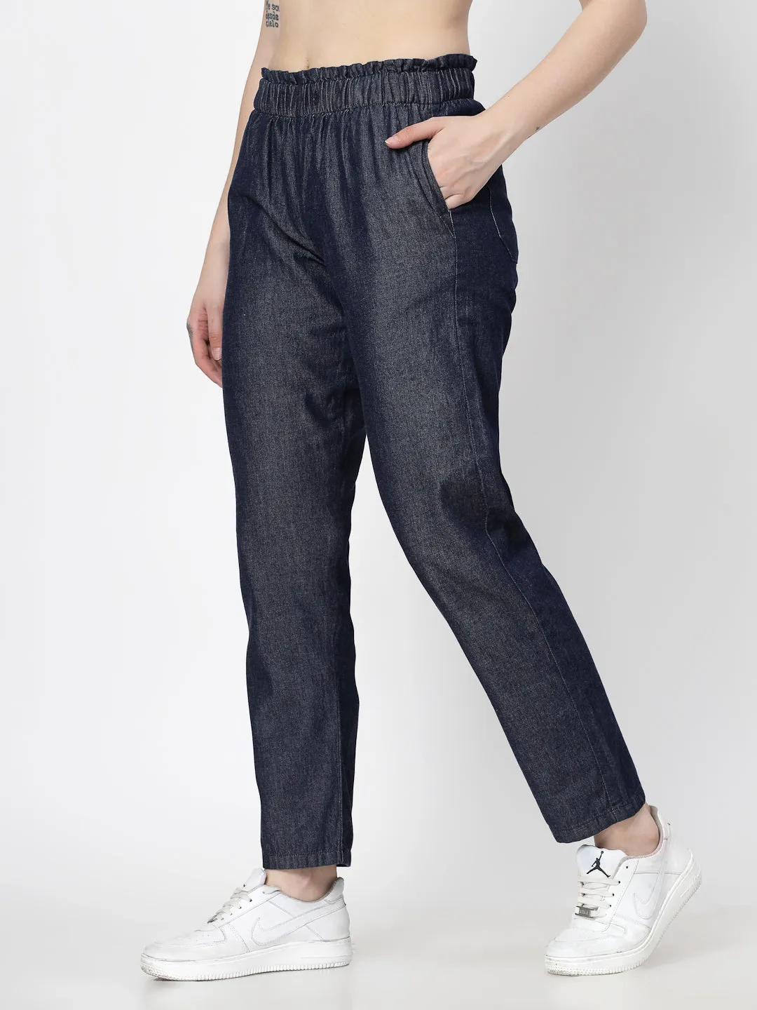 Relaxe Fit Dark Indigo Cotton Denim Jeans For Women