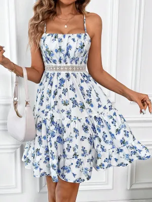 SHEIN Frenchy Summer Short Dress, A-Line Hem, A Dress With Lace Trim At The Waist And Adjustable Shoulder Straps, Floral Print With Pleated Half-Strap Dress,Wedding Dress Bridgerton