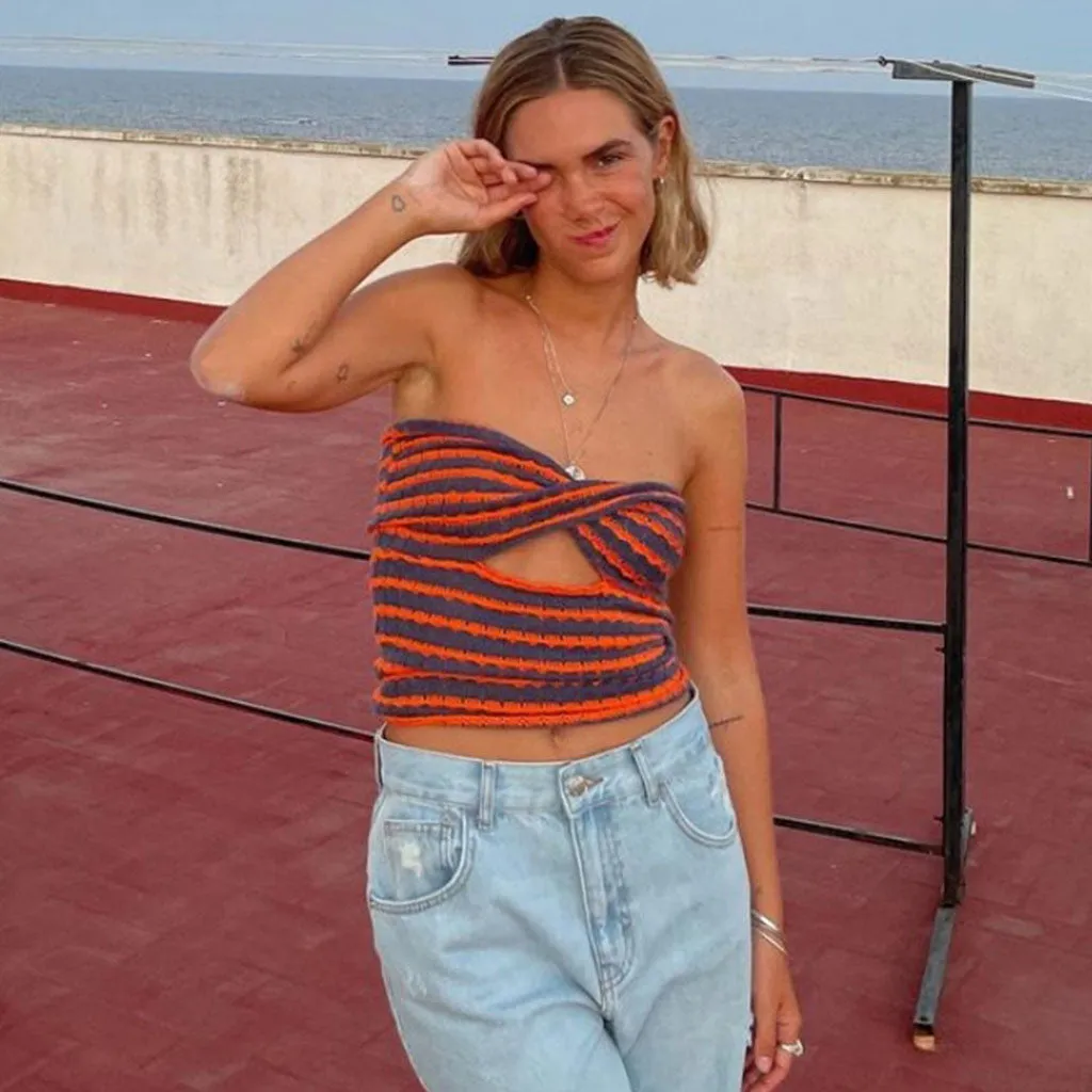 Vintage Striped Strapless Twist Front Cut Out Crop Knit Top - Orange