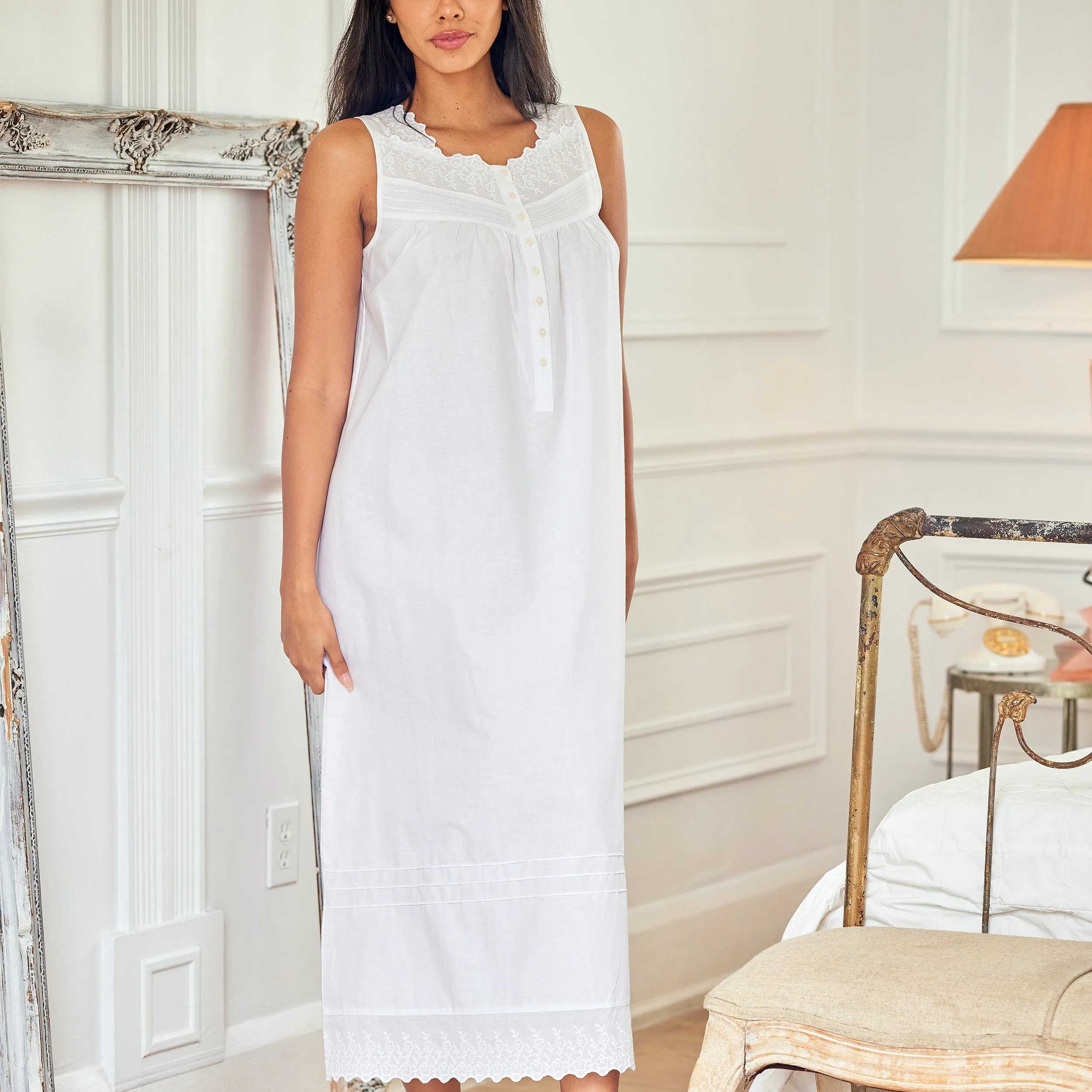 Women's Cotton Victorian Nightgown, Sybil Sleeveless Lace Trimmed Button Up Long Night Dress