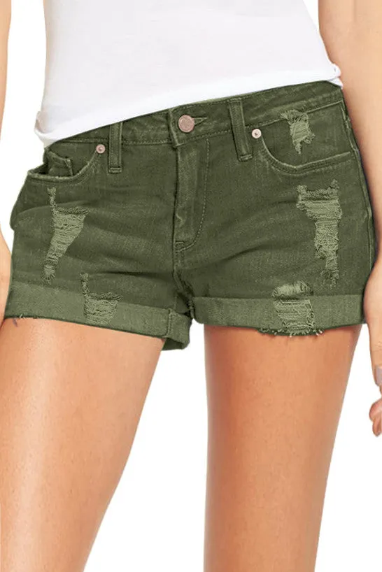 Women's High Waisted Distressed Jeans Ripped Rolled Hem Denim Shorts