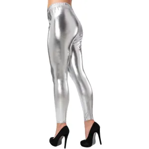 Womens Metallic Silver Leggings 80s Disco Shiny Fancy Dress