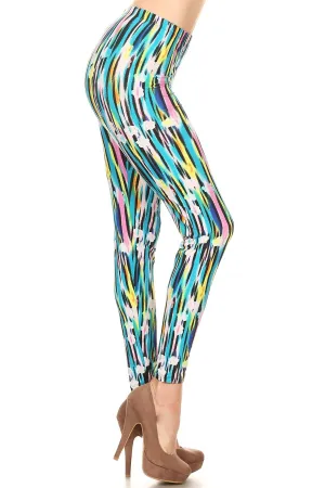 Women's Plus Abstract Paint Lines Pattern Printed Leggings - Blue Yellow