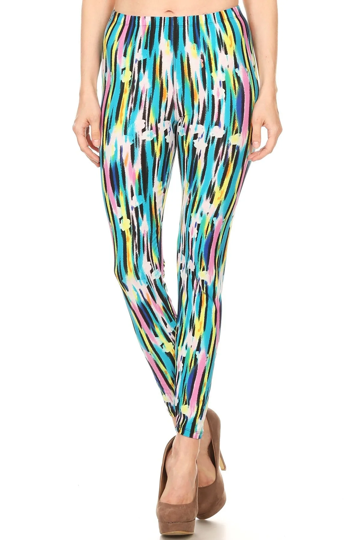 Women's Plus Abstract Paint Lines Pattern Printed Leggings - Blue Yellow